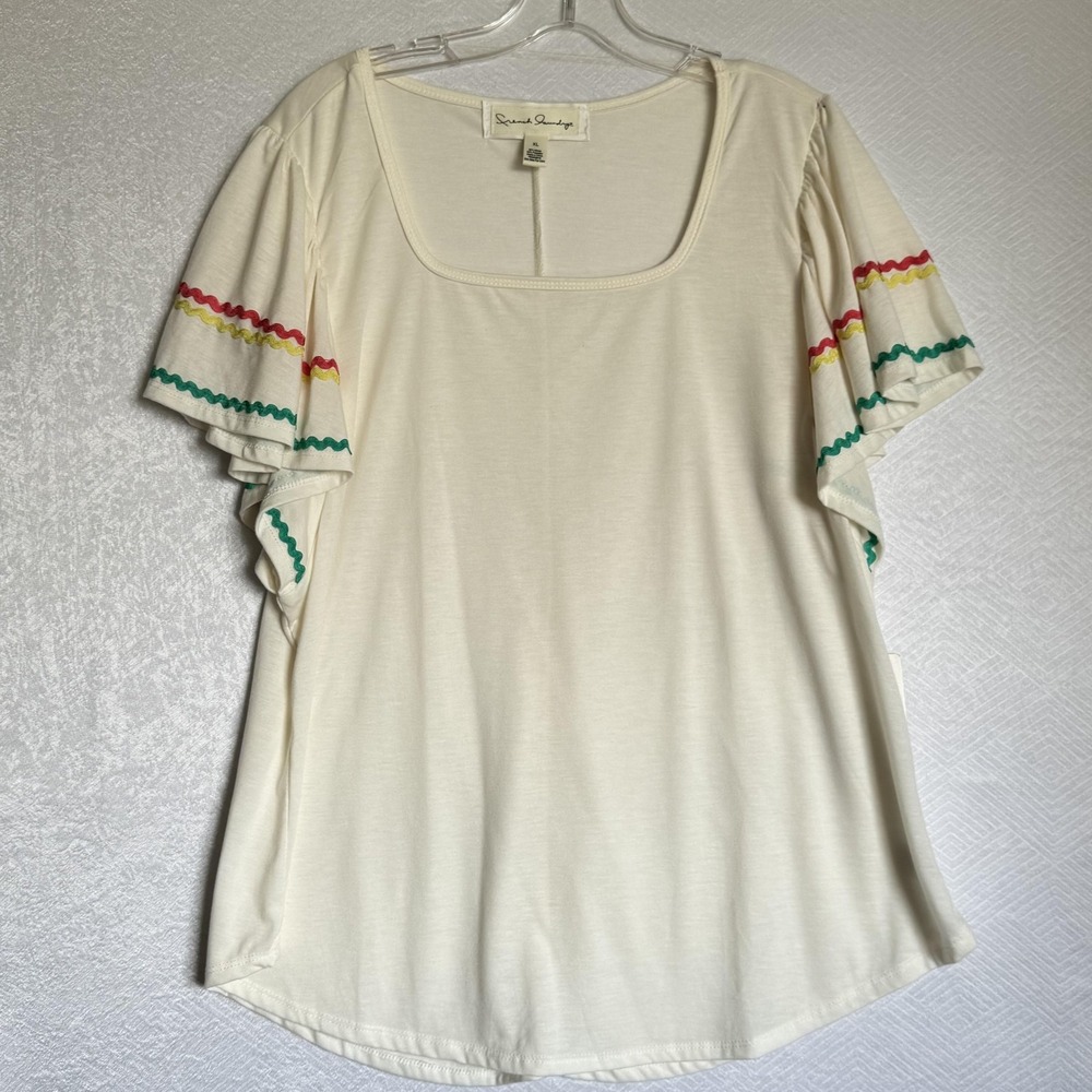French Laundry Shirt Womens XL Ivory Ruffle Sleeve Boho Square Neck Embroidered